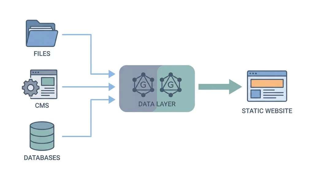 GatsbyのデータレイヤーとGraphQLによるデータ取得の仕組みを示す図解