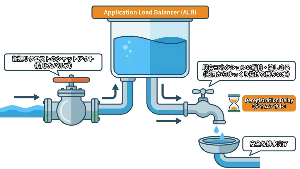 ALBのConnection Drainingの仕組みを水道のタンクとバルブにたとえた図解インフォグラフィック