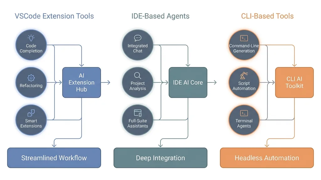 各種AIエージェント（VSCode拡張系、IDE系、CLI系）の分類と特徴を比較する概念図解