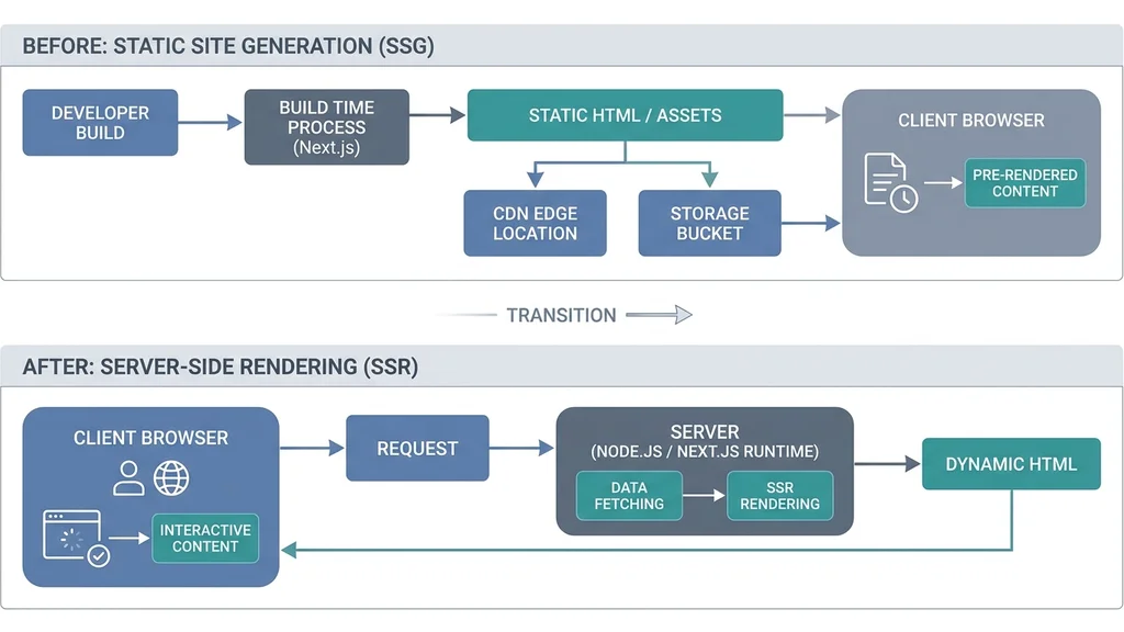 VitePressとNext.jsのアーキテクチャ比較とSSR/SSGの流れを示すテクニカル図解