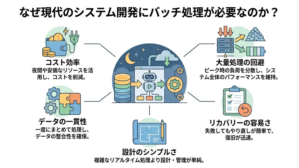 現代のシステム開発にバッチ処理が必要な5つの理由を解説するインフォグラフィックの図解